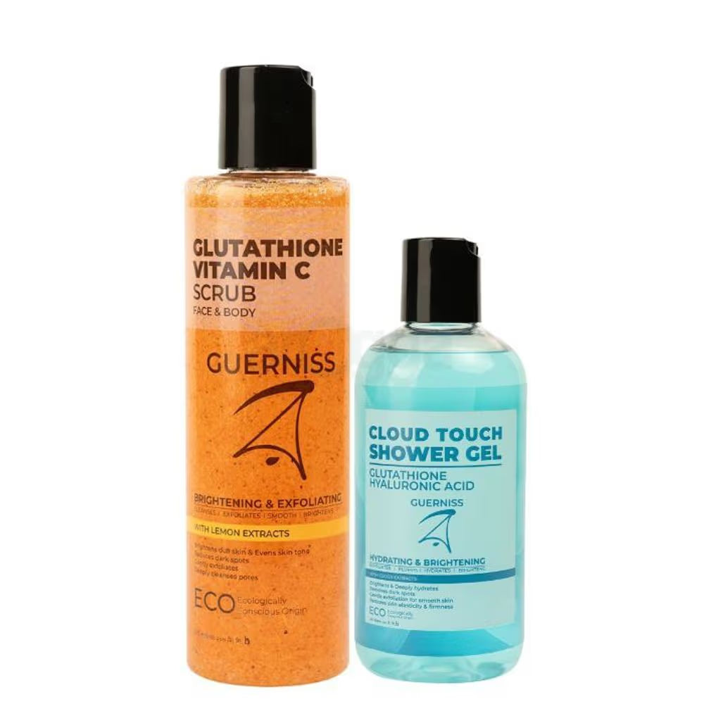 Guerniss Raw Shower Gel Bogo (Glutathione Hyaluronic Acid Shower Gel - Cloud Touch + Glutathione Vitamin C Face & Body Scrub)